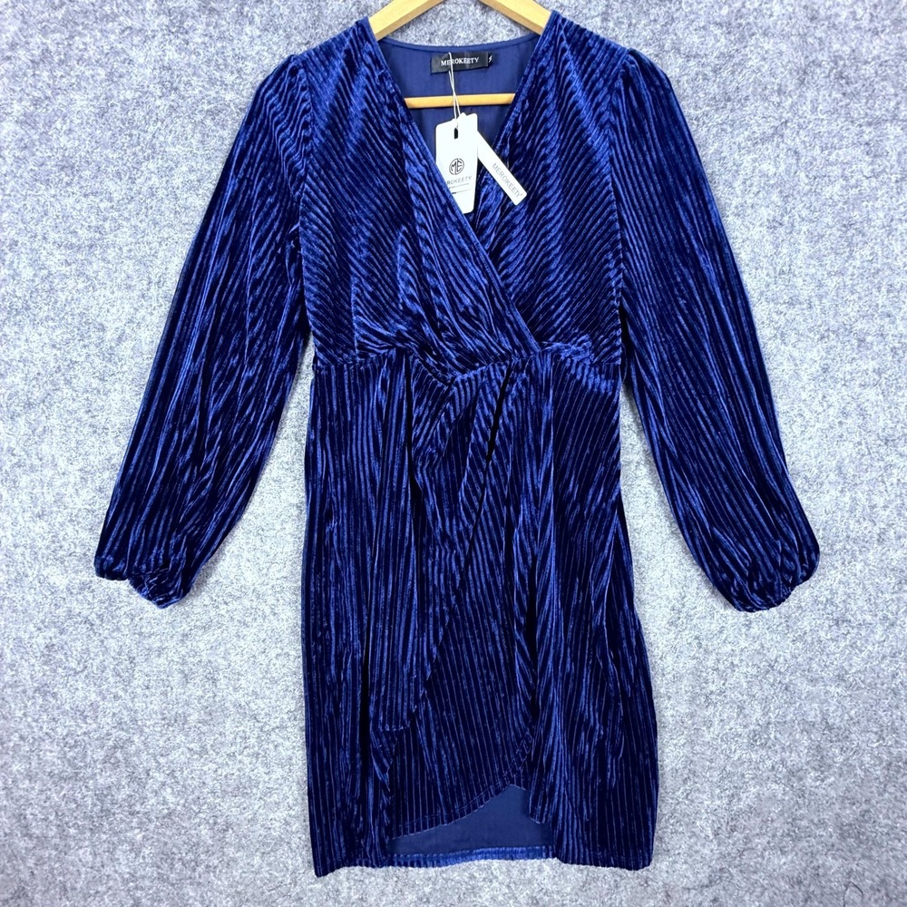 Merokeety Wrap Dress Womens Medium Blue Velvet Ribbed Evening Wedding Guest